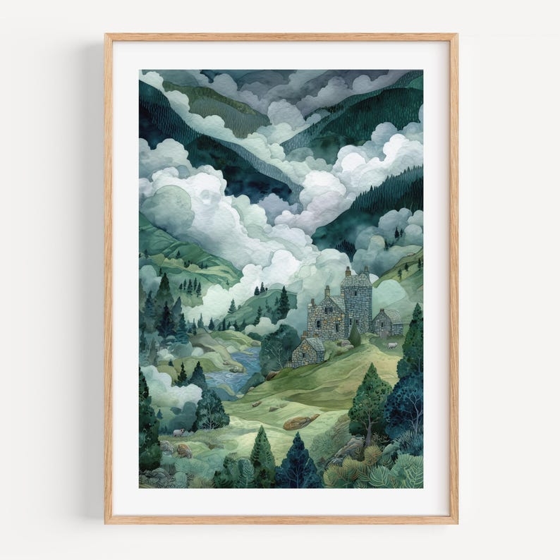 Scottish Highlands wall art misty castle landscape print green mountain valley framed travel decor gift for home
