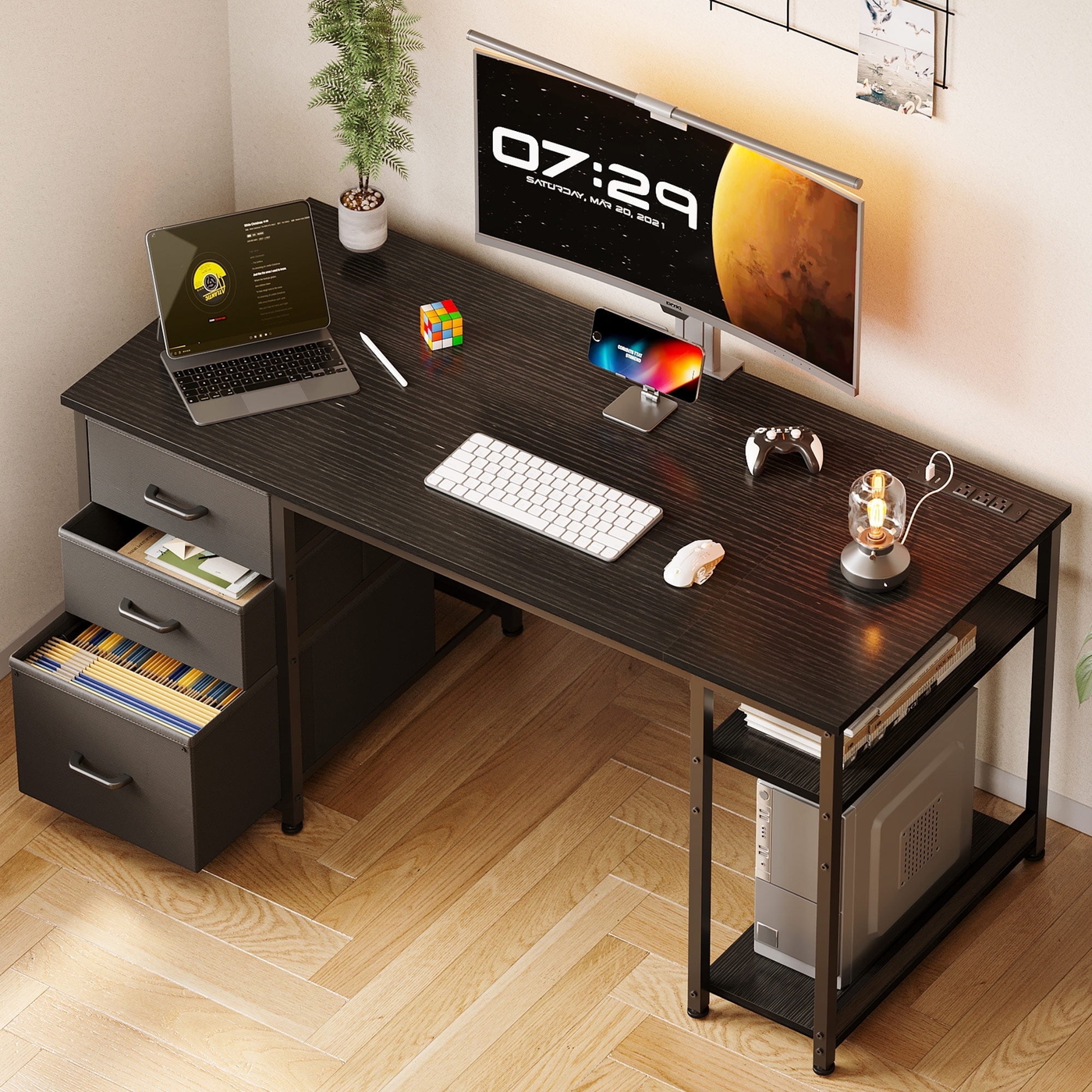 51 Inch Computer Desk with File Drawers & USB Power Outlets- Reversible Home Office Desk with Storage Shelves, Work from Home, Writing Table for Bedroom, Black - Walmart.com
