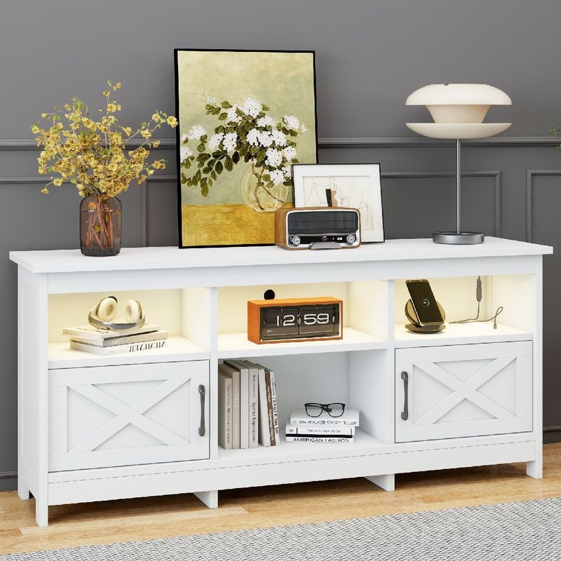 59" Farmhouse LED Light TV Stand with Power Outlet and Cabinets