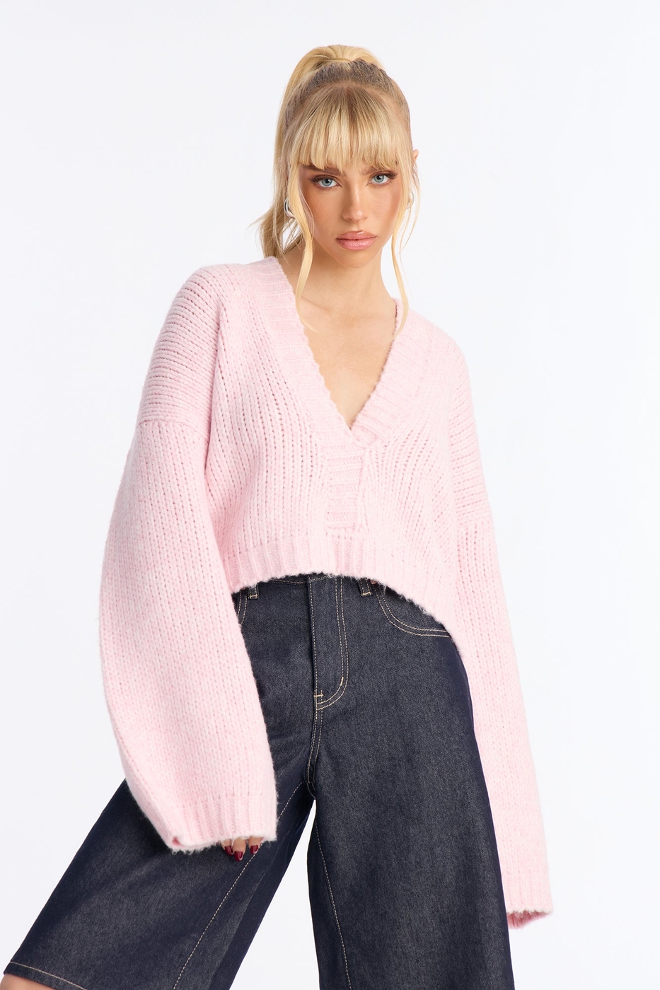 Warm Embrace Oversized V Neck Sweater - Light Pink