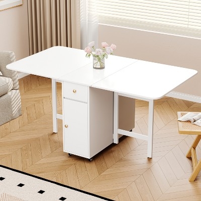 ATJafurn 59'' White Foldable Dining Table with Drop Leaves for Small Space, Rectangular Wooden Extendable kitchen Table with Wheels and Storage