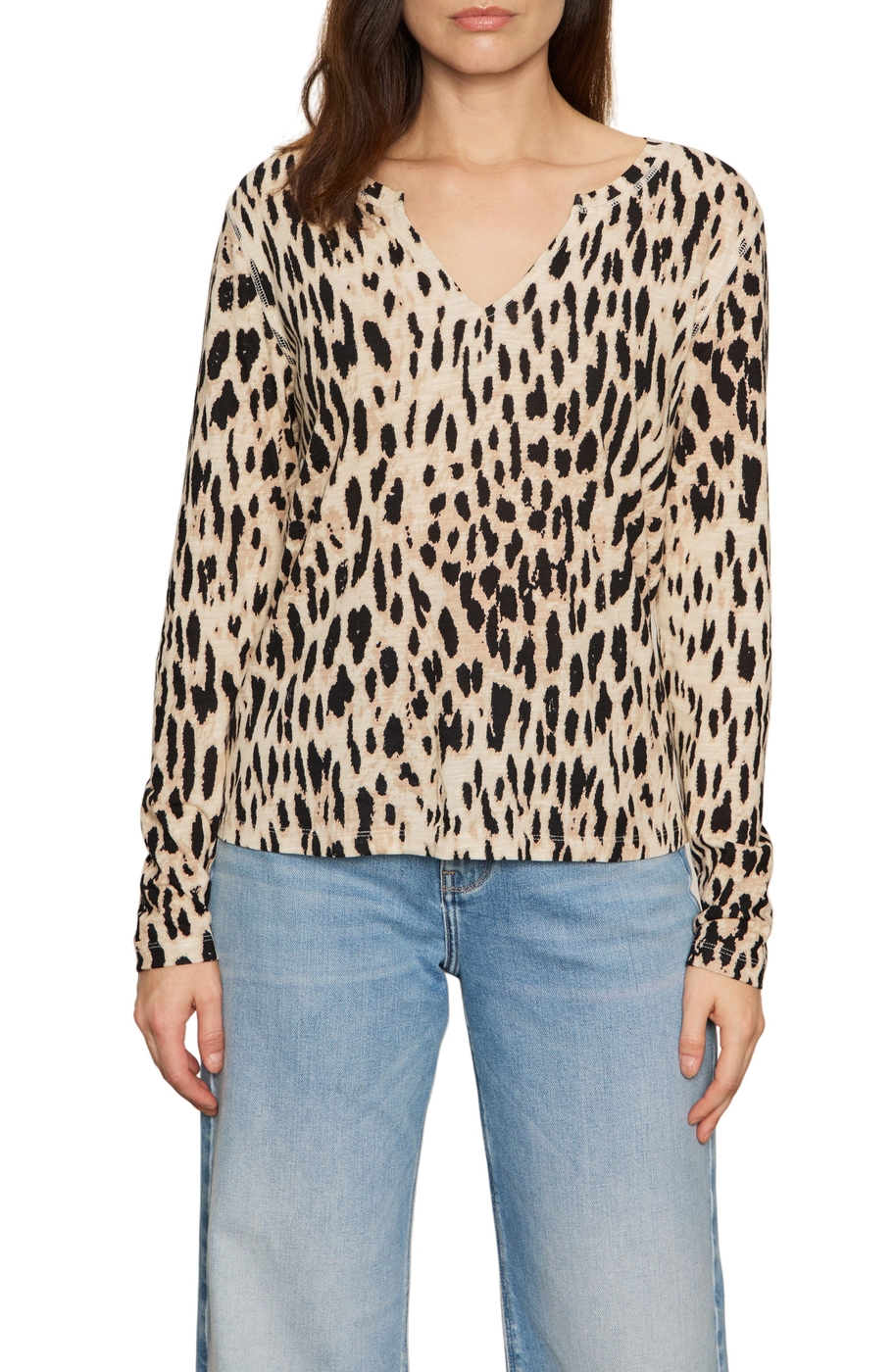 Print Split Neck Knit Top