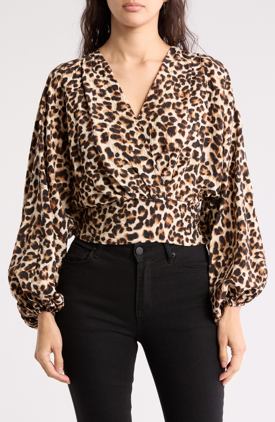 Leopard Smock Surplice Long Sleeve Top