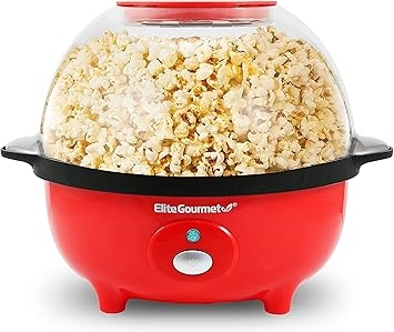 Elite Gourmet EPM330R Automatic Stirring Popcorn Maker Popper, Electric Hot Oil Machine with Measuring Cap & Built-in Reversible Serving Bowl, Great for Home Party Kids, ETL Approved, Red, 3-Quart