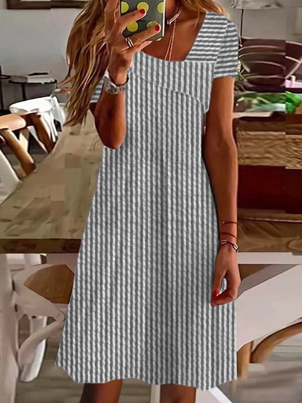 Women Sundress Vacation Striped Short Sleeve Comfy Casual Short Dress