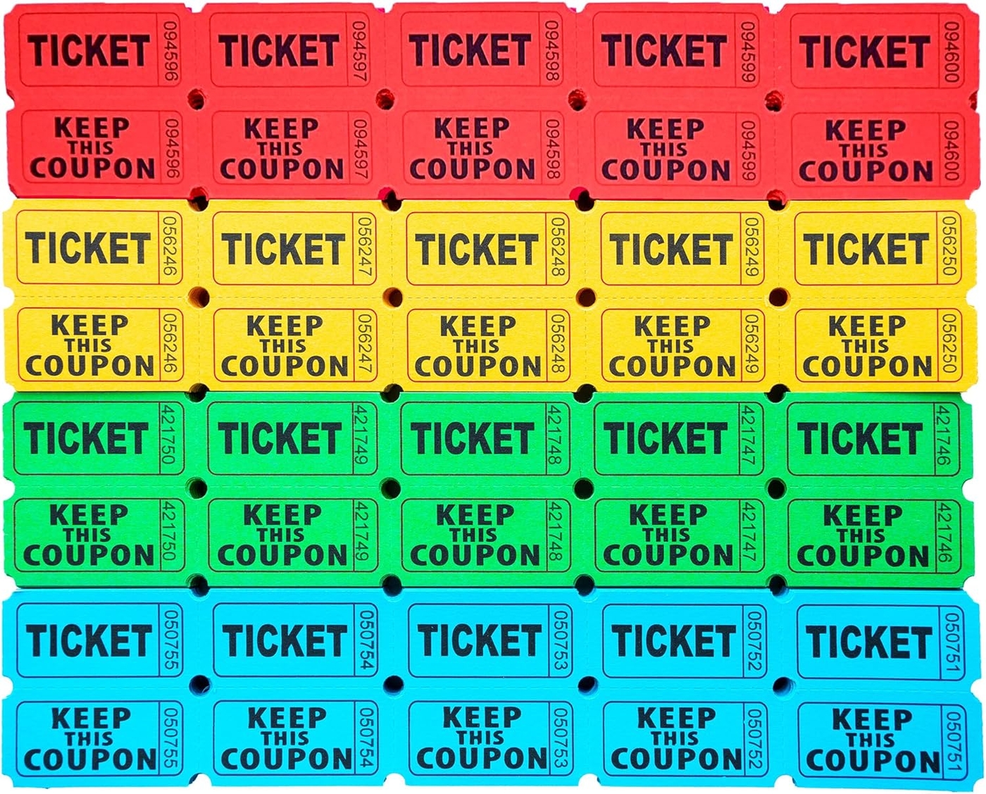 Homrelaxy 2000 Pcs 1000 Pairs Raffle Tickets, 50/50 Double Raffle Tickets, 250 Double Tickets Per Stack, for Events, Entry, Carnivals, and Door Prizes (Blue/Red/Green/Yellow)