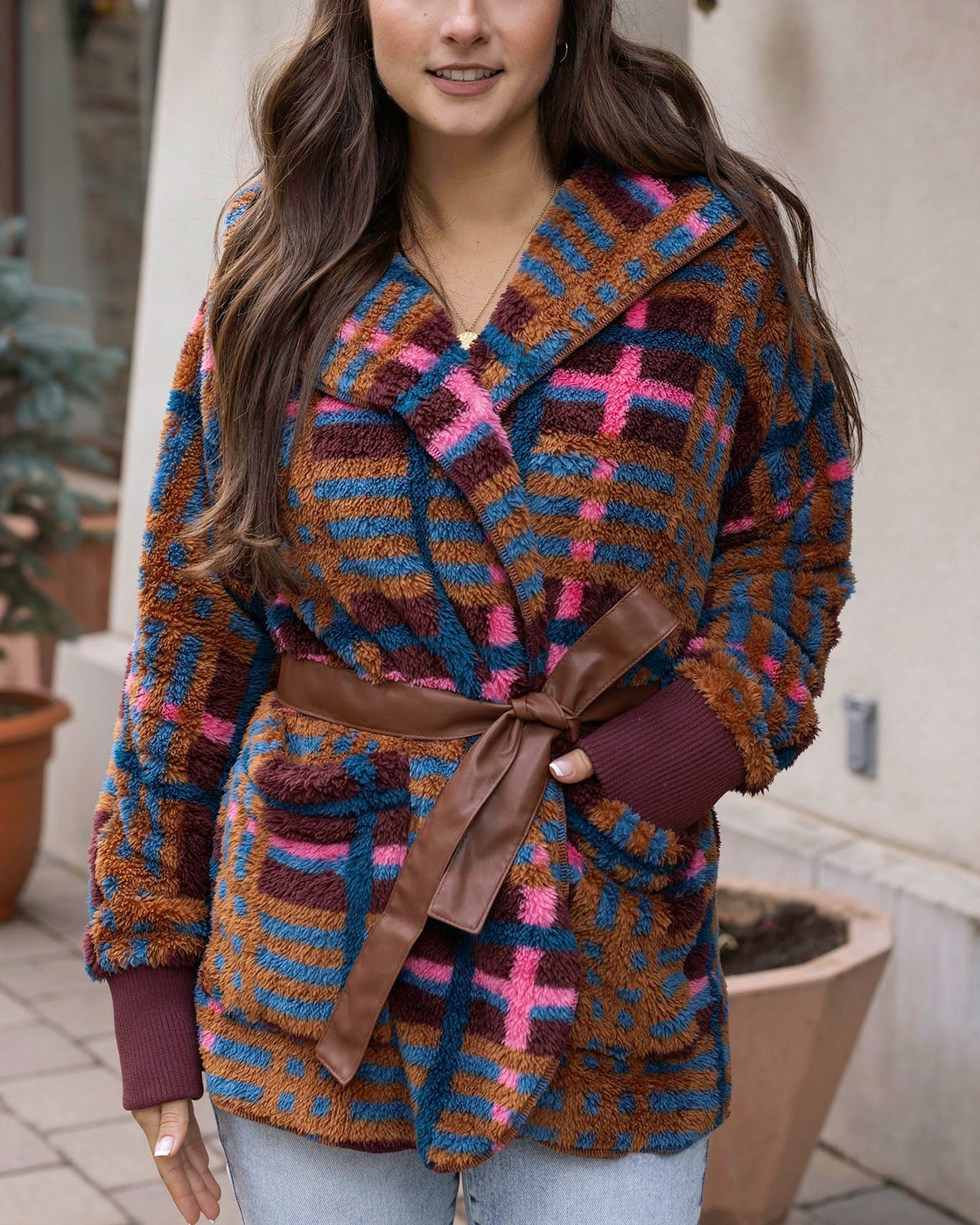 As-Is Fuzzy Fleece Jewel Plaid Wrap Jacket - FINAL SALE - Grace and Lace