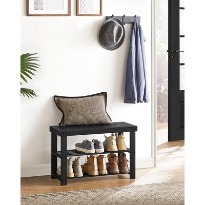 Shoe Rack Bench, 3-Tier Bamboo Shoe Storage Organizer, Entryway Bench Black