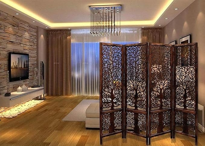 Home & Goods International Wooden Room Divider Partition - Foldable Wood Screen Separator for Living Room, Bedroom, Office, Restaurant || Tree Design, 4 Panel - Brown