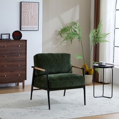 Modern Accent Chair with Cushions, Mid-Century Reading Chair Armchair w/ Metal Frame and Wooden Armrest Design, Green - ModernLuxe