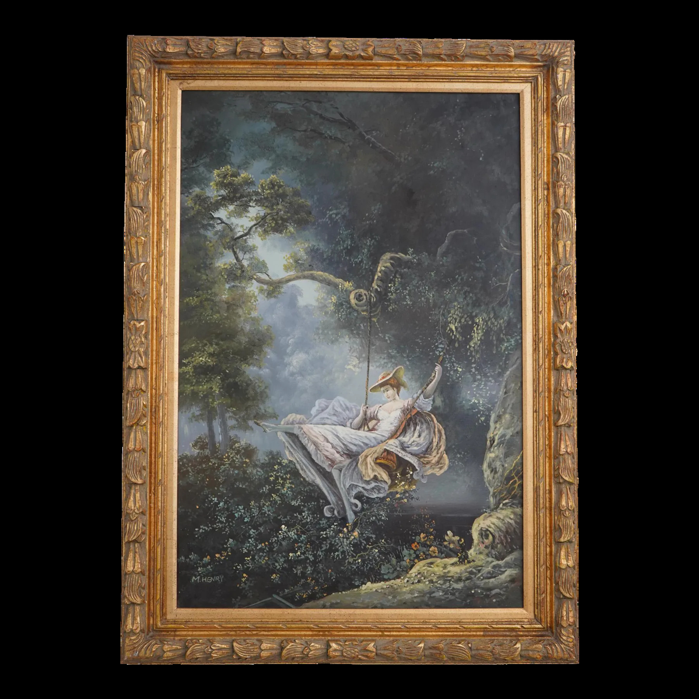 Framed Oil Painting on Canvas of Lady in Swing