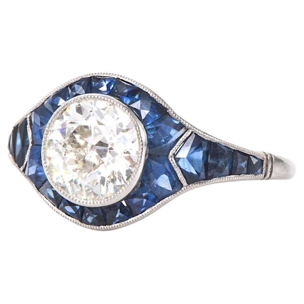 Deco Old Cut Diamond 2.47cttw Sapphire Platinum Halo Engagement Ring