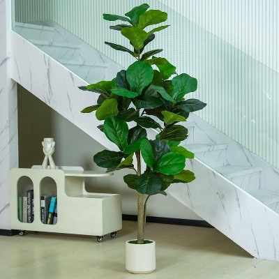 6FT Artificial Fiddle Leaf Fig Tree with White Planter Pot Natural Trunk Realistic Leaves Lifelike Faux Floor Plant For Home House Office Decor Indoor