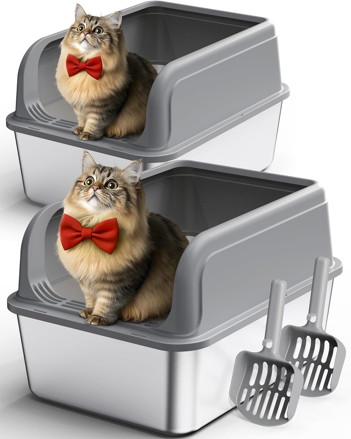 Stainless Steel Cat Litter Box, Metal Litter Box with Scoop, High- Sided, Anti-Leakage Top Entry, Non-Sticky, Easy to Clean, Grey, M (2 Pack)