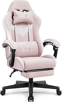 N-GEN GAMING Video Gaming Chair with Footrest Lumbar Support for Home Office High Back Recliner Height Adjustable Ergonomic Comfy Fabric Computer Desk Chair (Pink)