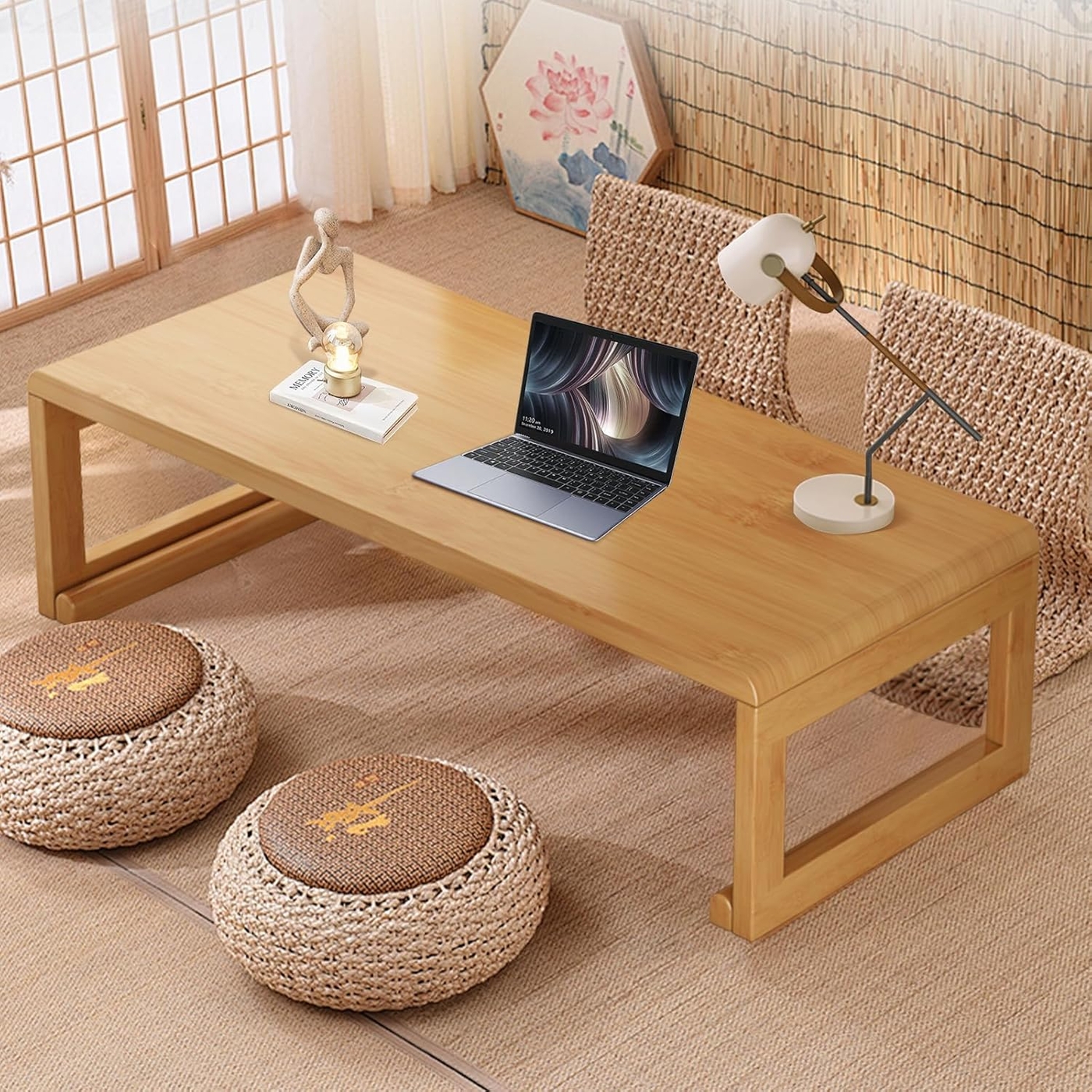 Japanese Floor Table Tea Table Low Coffee Table Bamboo Versatile Folding Design for Tatami Home,Office,Living Room (Original Wood Color, 47.24
