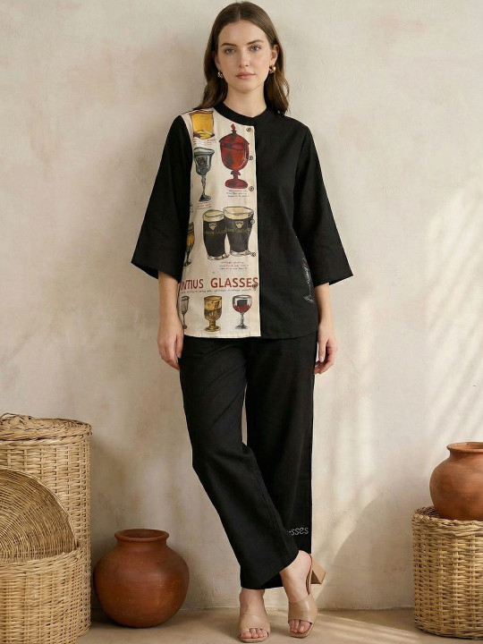 ZUMMER Colourblocked Mandarin Collar Shirt & Trousers Co-Ords