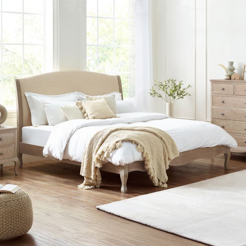 Camille Oatmeal Fabric and Oak Wooden Bed Frame - 5ft King Size