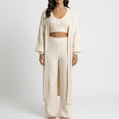 Anna-Kaci Lounge Women's 3-Piece Pajama Set with Textured Woven Knit Bra Top Open Cardigan and High Waist Pants - Large, Light Beige
