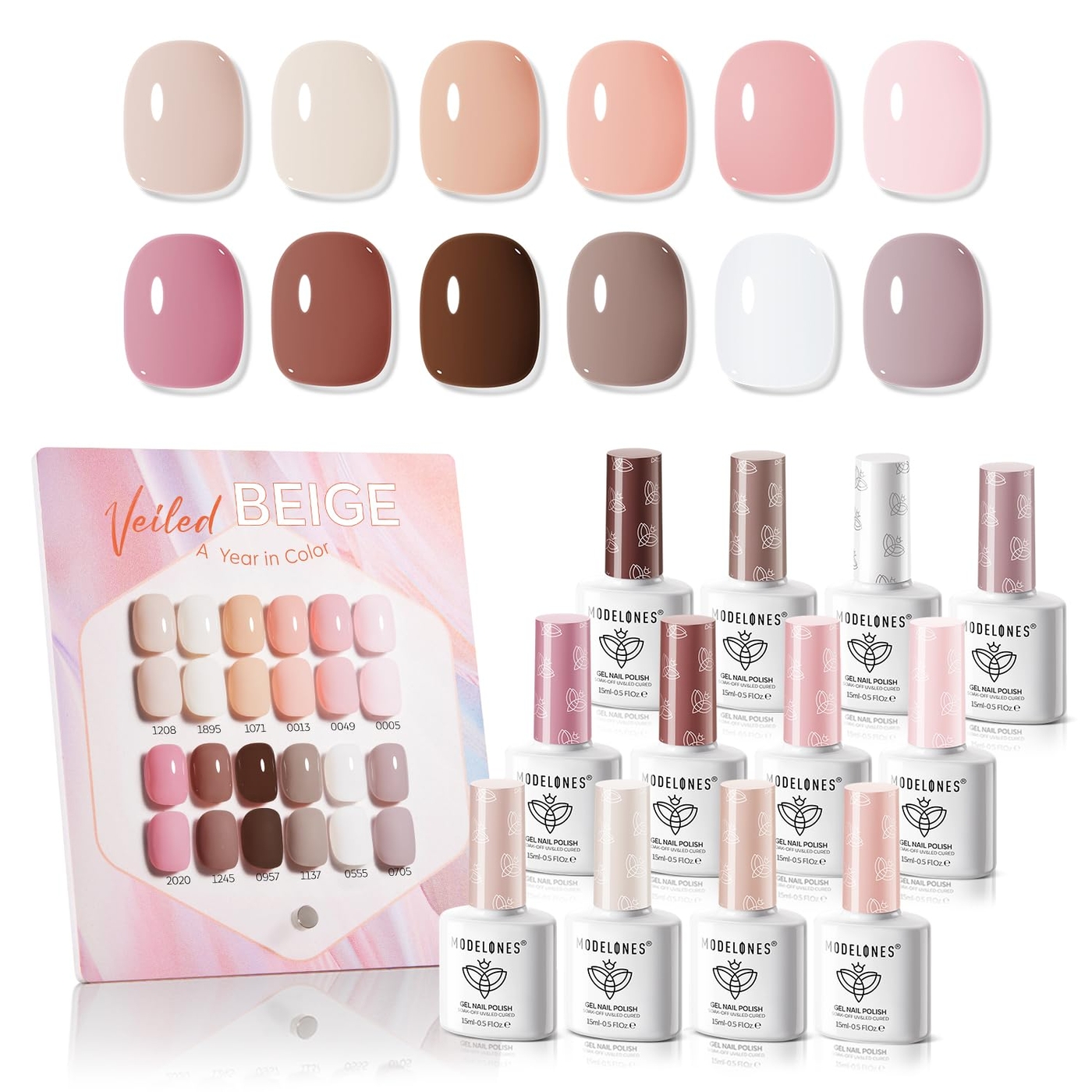 modelones 15ML Gel Nail Polish Set 12Pcs, Nude Pink Milky White Beige Skin Tones Neutral Brown Hema-free Gel Polish Spring Kit Same Color Same Bottle Soak Off Gel Polish Set Manicure Nail Art
