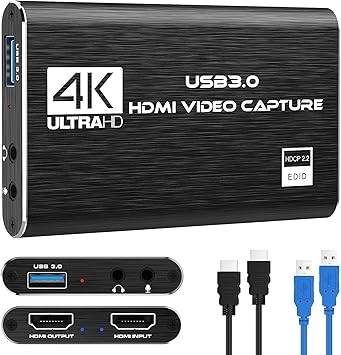 4K HDMI Video Capture Card, USB3.0 1080P 60FPS Video Recorder, Nintendo Switch Capture Card for Streaming Gaming and Broadcasting, Xbox Series X/S, Xbox One X/S, PS4, PS5, OBS, Camera, PC