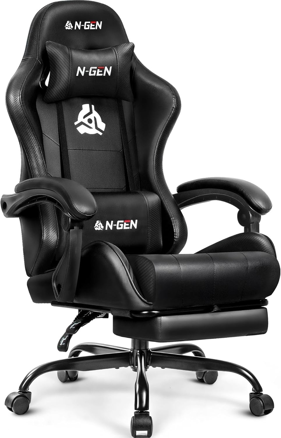 N-GEN GAMING Video Gaming Chair with Footrest Lumbar Support for Home Office High Back Recliner Height Adjustable Ergonomic Comfy Leather Computer Desk Chair (Black)