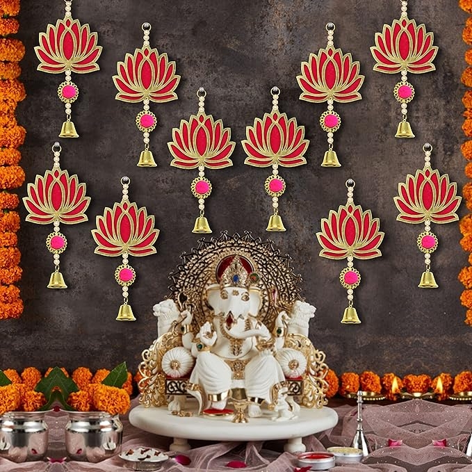 TIED RIBBONS Pack of 10 Wall Door Hanging Lotus Latkan Toran with Bells (22.8 cm x 9.6 cm) - Main Door Entrance Pooja Room Temple Wedding Festival - Decoration Items for Home Décor