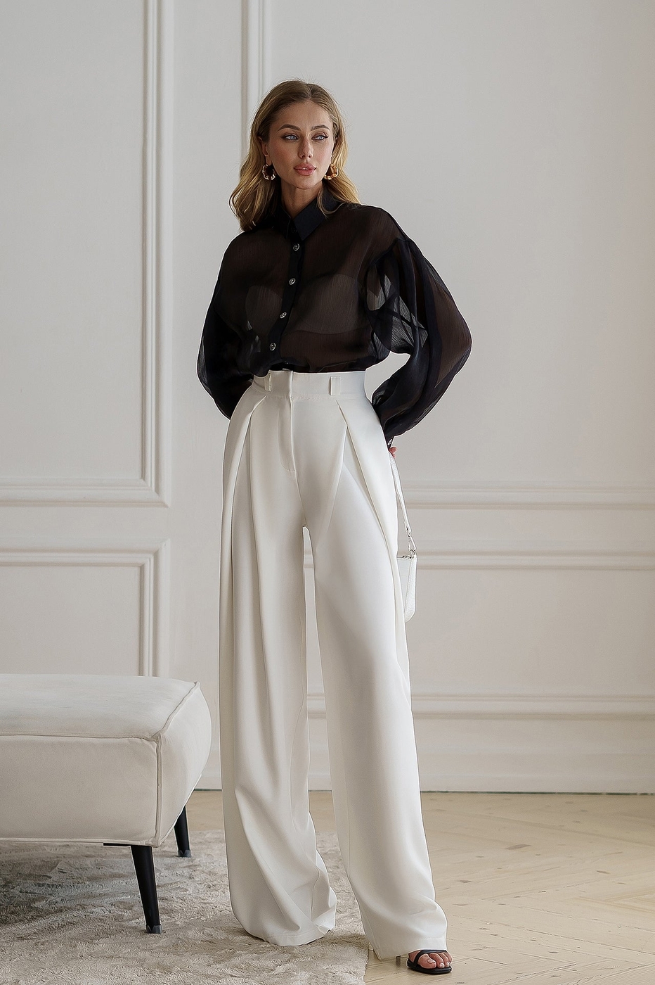 White High Waist Fitted Palazzo Pants