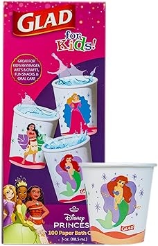 Glad for Kids Disney Princess Disposable Mini Paper Cups for Bathroom Rinsing and Parties, Heavy Duty Soak Proof Paper Cups for Kids, Colorful Princess Designs, 3 Ounce, 100 Count