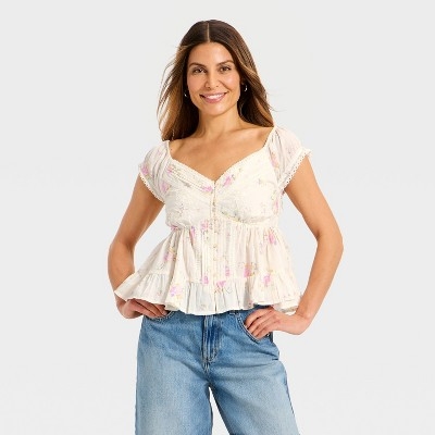 Women's Puff Short Sleeve Pintuck V-Neck Blouse - Universal Thread™ Cream Floral XS