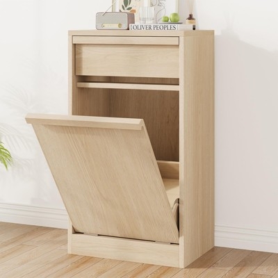 TROPOW Tilt Out Trash Cabinet, Modern Trash Cabinet with 10 Gallon Storage, Hidden Freestanding Garbage Can Cabinet Laundry Hamper