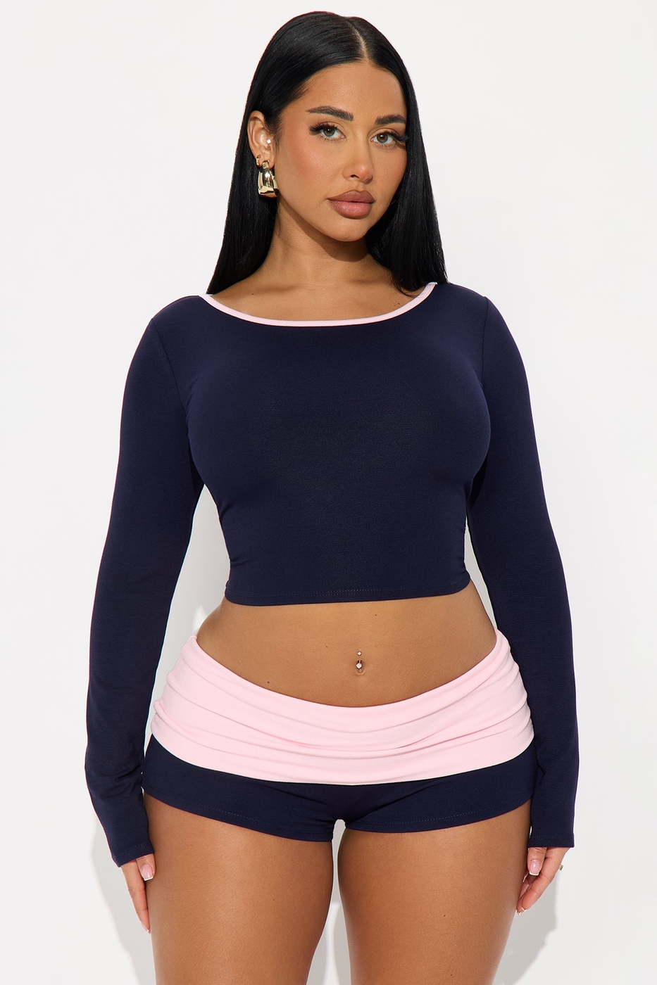 Chill Mode Long Sleeve Foldover Waistband Short Set - Navy/combo