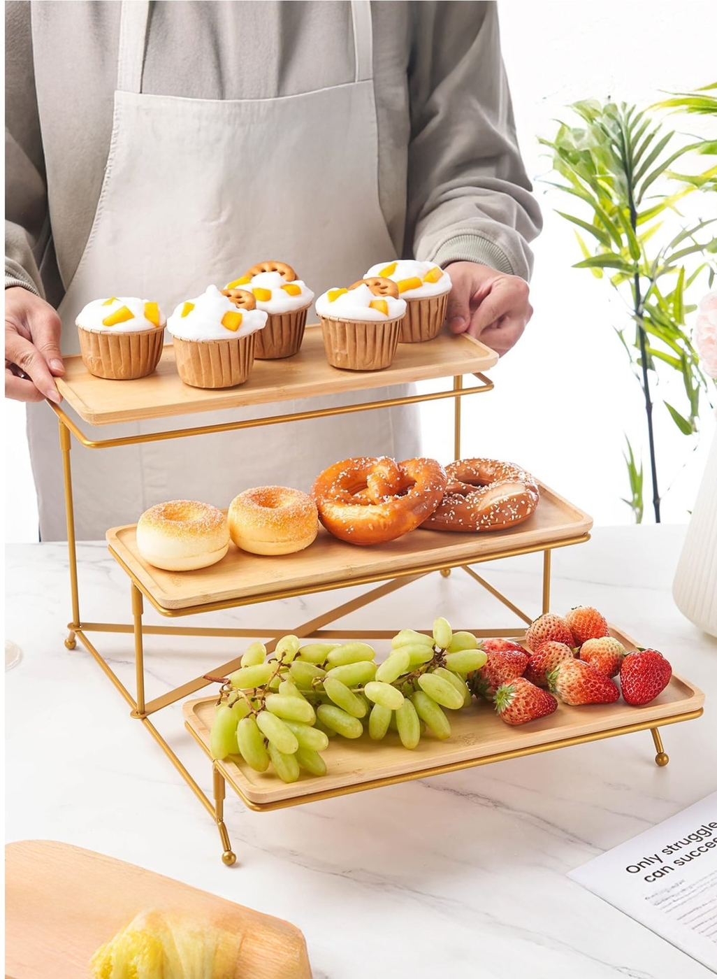 3 Tier Metal Serving Tray Set Platters, Home Display Rack, Reusable Serving Tray, Kitchen Food  Fruit Display Dessert, Freestanding Home Storage Rack for Party with Collapsible Sturdier Stand