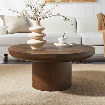 Round Coffee Table Wood Sofa Side Table Center Table with Cylindrical Leg, Dark Brown-ModernLuxe