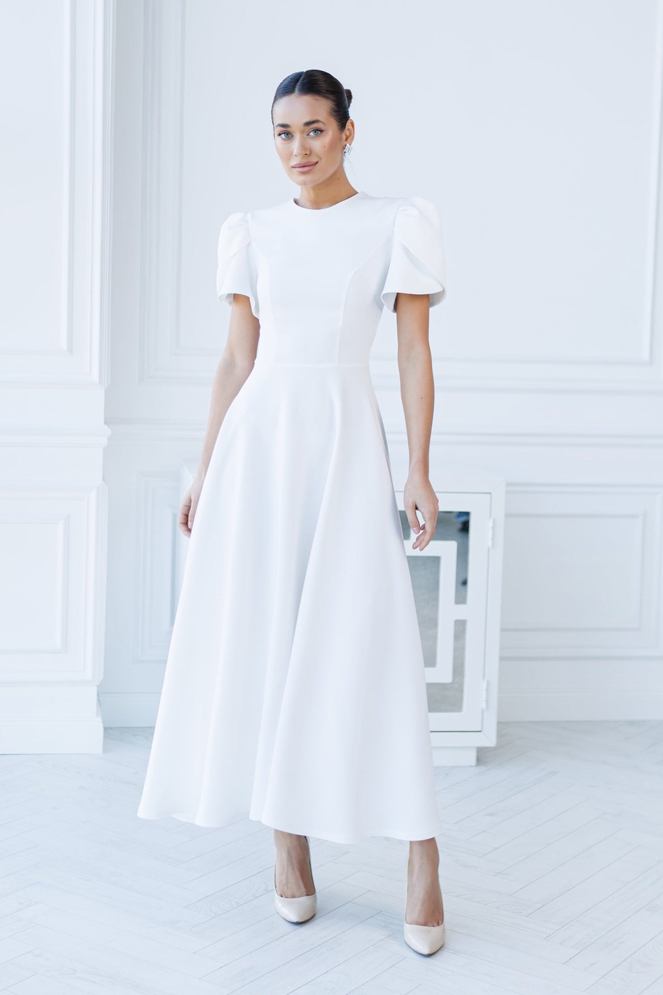 Alexa White Round Neck Puff-Sleeve Midi Dress