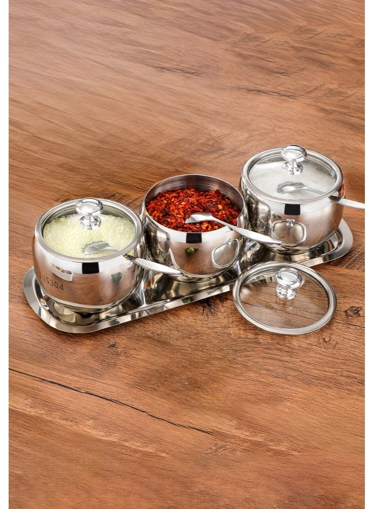 3-Piece Stainless Steel Spice Jar Set with Glass Lid & Tray — Drum-Shaped Condiment Containers for Salt, Pepper, Garlic Powder, Cumin