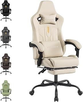 Gaming Chair with Footrest Ergonomic Computer Chair Massage Lumbar Cushion, Racing Video Game Chair Adjustable Rocker Recliner Executive Office Desk Chair Pu Leather for Adults (Beige)