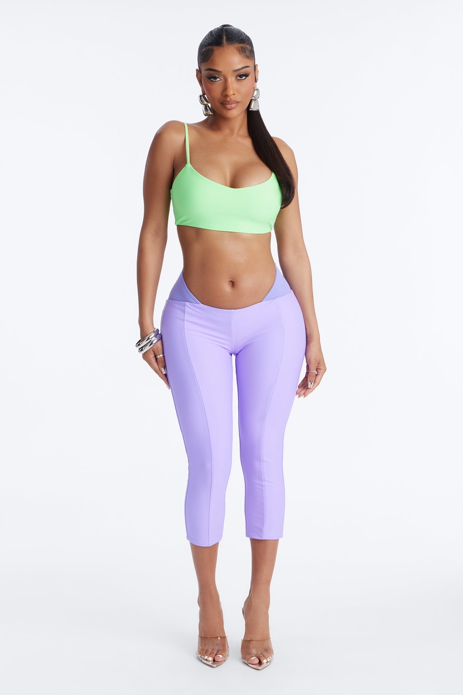 Roxy Form Double Lined Bra Top Capri Pant Set - Purple/Green