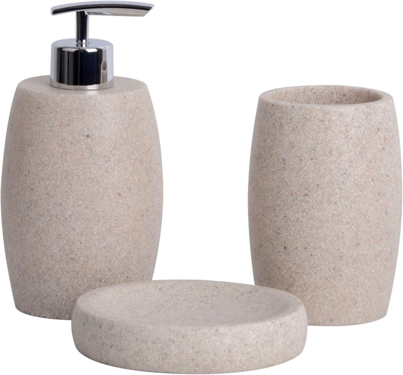 Beige Bathroom Accessories Set 3 PC, Resin Sandstone Look Soap Dispenser, Toothbrush Cup, Soap Dish, Bathroom Soap Dispenser Set for Home Decor and Kitchen