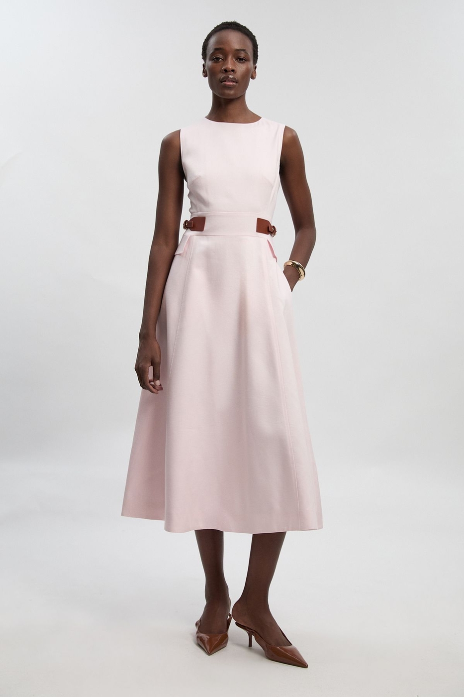 Petite Tailored Linen Tab Waist Detail Full Skirt Midi Dress
