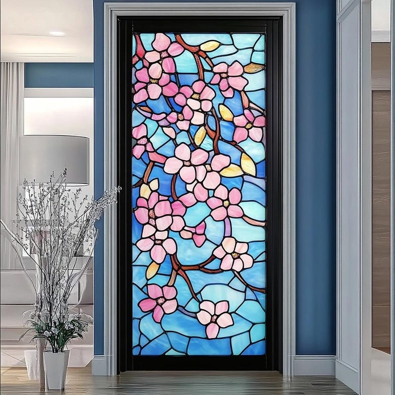 Customized Pink Blossoms Stained Glass Film Decorative Privacy Window Sticker for Home Office