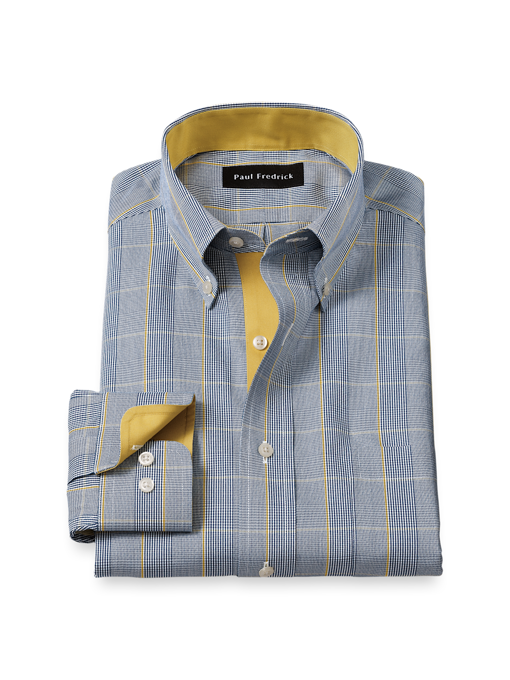 Comfort Stretch Non-Iron Plaid Dress Shirt With Contrast Trim - Navy/gold