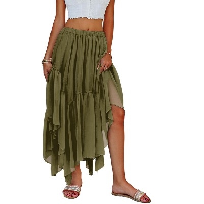 Imily Bela Womens Summer Boho Maxi Skirt Casual Asymmetric High-Low Hem Flowy Bohemia Long Skirt Armygreen M