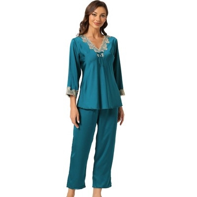 Allegra K Women’s Soft V Neck 3/4 Sleeves Lace Insert Two-Piece Pajama Sets Red Small