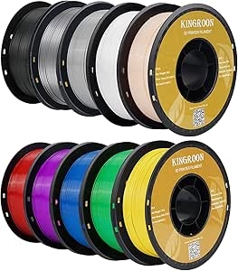 Kingroon PETG 3D Printer Filament, 10 Rolls, Dimensional Accuracy +/- 0.03 mm, 10kg Spool(22lbs), 1.75 mm，Black White Grey Red Blue Green Purple Skin Silver Yellow