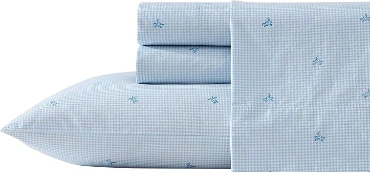 Laura Ashley - Queen Sheets, Cotton Percale Bedding Set, Lightweight & Breathable Home Decor (Turtle Gingham Blue, Queen)
