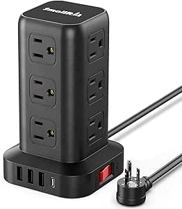 Tower Power Bars with Surge Protector, SMALLRT 6.5FT Flat Plug Extension Cord Indoor with Multiple Outlets, Desktop Power Strip with 12 Outlet Extender 4 USB for Home Office Dorm Essentials, Black
