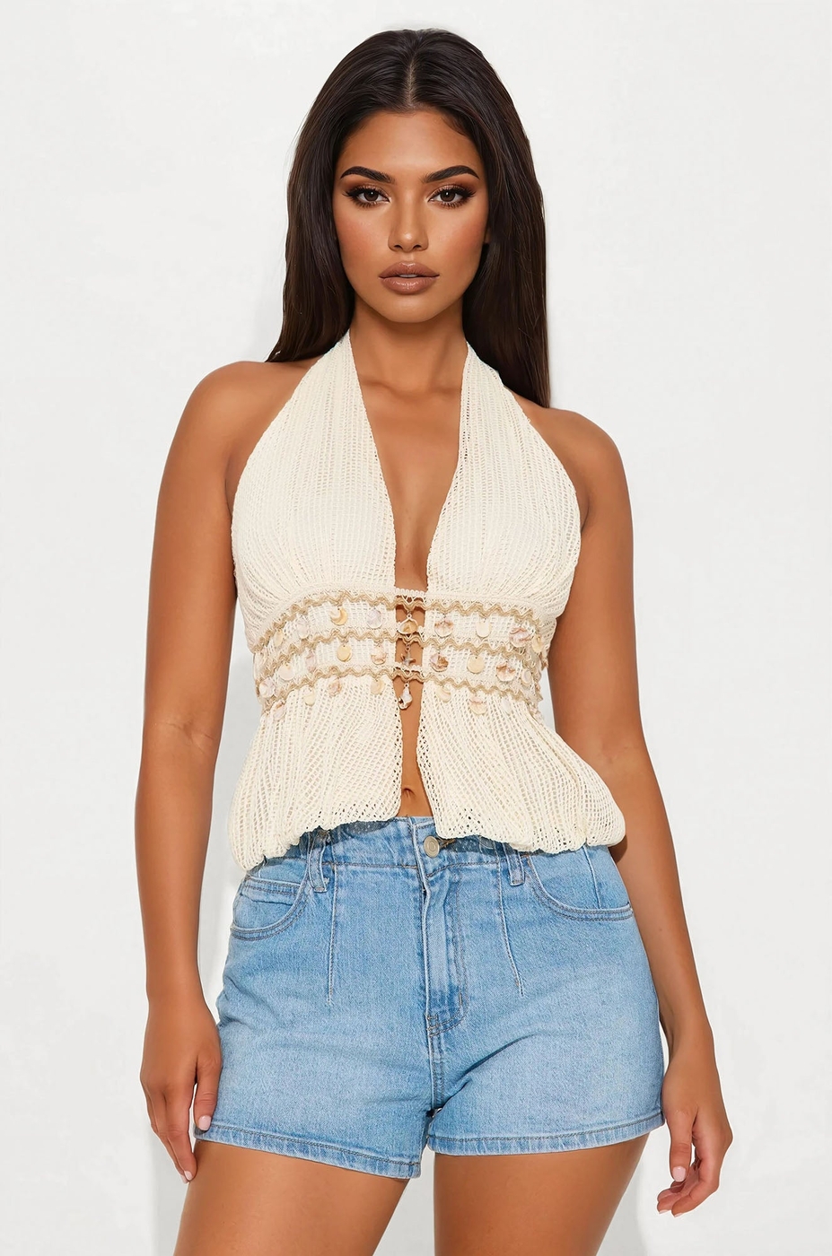 Seashell Dreams Crochet Halter Top - Cream