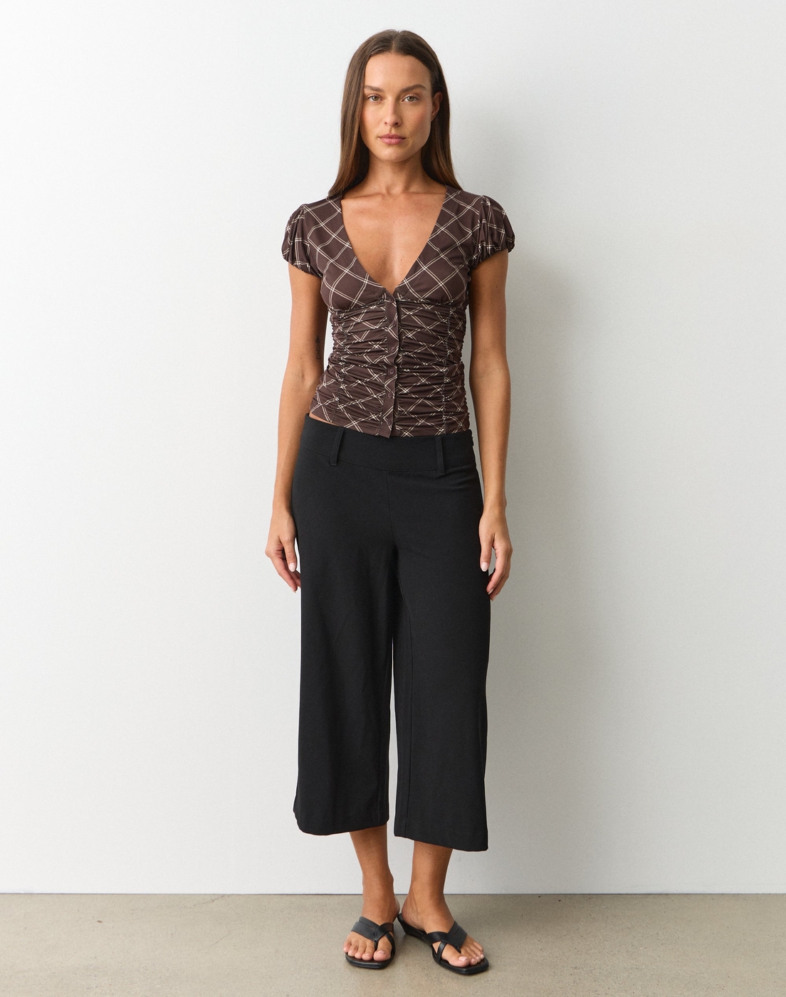 Print V Neck Ruched Button Top