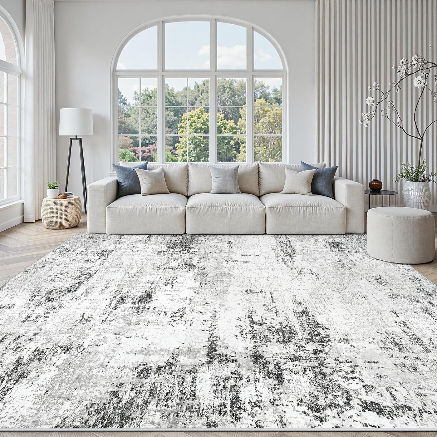 Area Rugs 8x10 Living Room: Large Modern Abstract Washable Rug Soft Anti-Skid Non-Shedding Carpet Indoor Floor Thin Carpets for Bedroom Dining Room Farmhouse Nursery Home Office White Grey Black